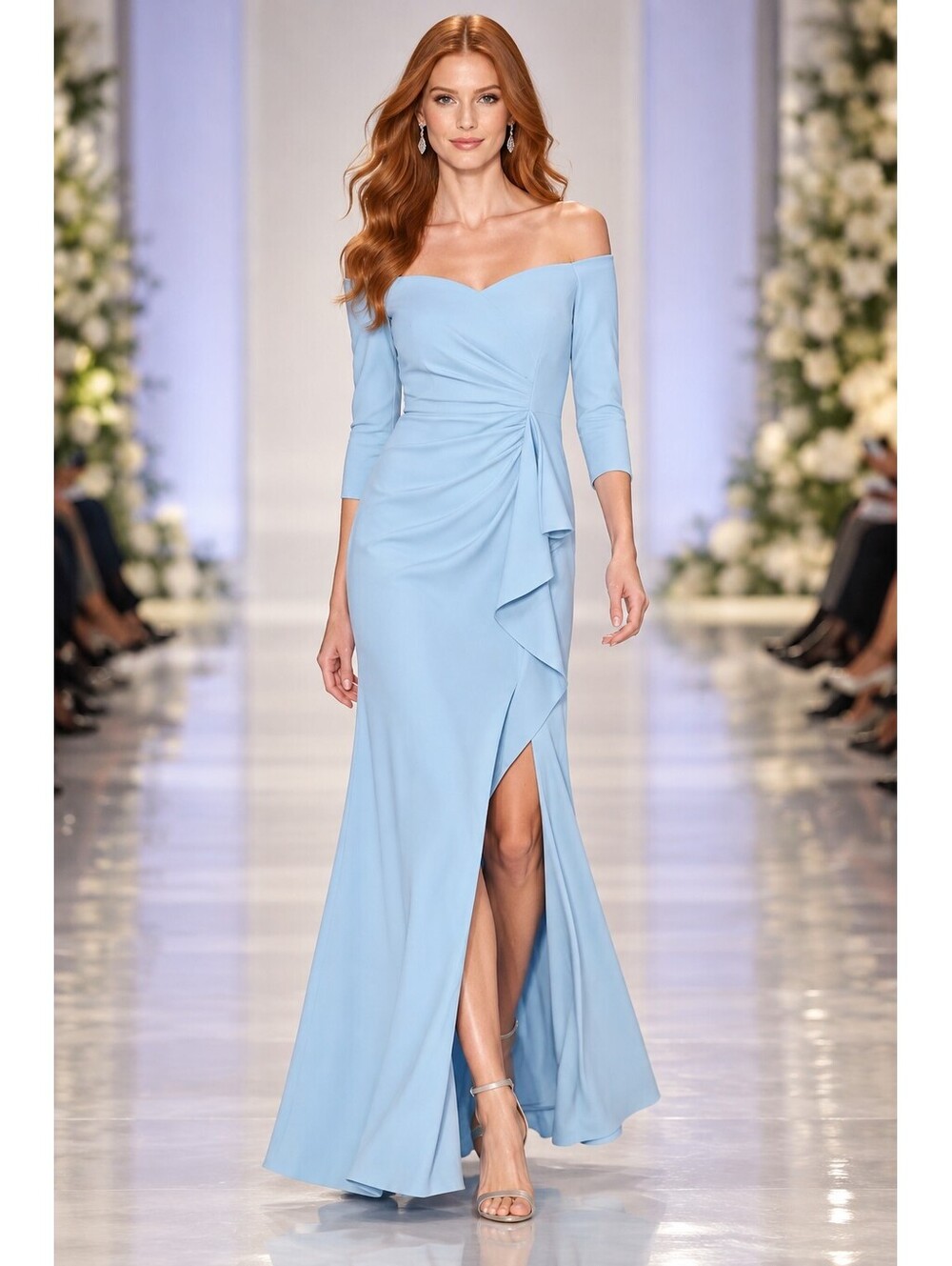 NWT Adrianna Papell Off Shoulder Cascading Ruffle Crepe Gown US 0 Blue Mist
